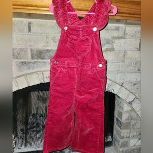 Toddler Girl Red Velvet Overalls with Heart Detail